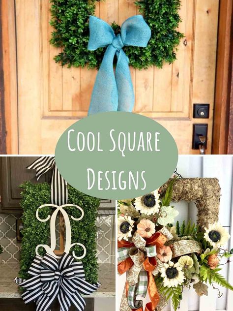 33 Cutest Square Wreath Ideas + DIY - PinkPopDesign Rectangle Wreath Ideas, Diy Square Christmas Wreath, Square Moss Wreath, Diy Square Wreaths For Front Door, Diy Square Wreath, Square Metal Wreath Frame Ideas, Square Wire Frame Wreath Ideas, Square Wire Wreath Ideas Diy, Square Fall Wreaths