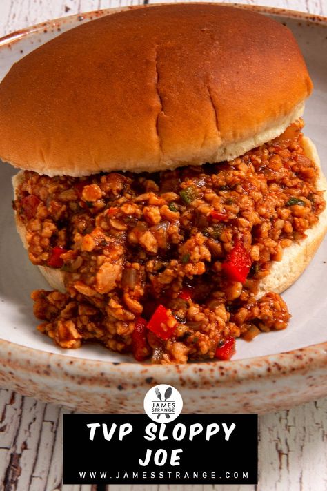 Spicy sloppy joes using Textured vegetable protein. #sloppyjoes #veganrecipe #Texturedvegetableprotein #jamesstrange Tvp Recipes, Best Sloppy Joe Recipe, Gluten Free Hamburger Buns, Sloppy Joe Recipe Easy, Sloppy Joes Sandwich, Homemade Sloppy Joes, Vegan Worcestershire Sauce, Joe Recipe, Gluten Free Buns