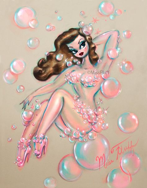 Brunette Bubble Pin Up Girl Art Print | Etsy Miss Fluff Art, Pink Illustration Art, Meyercord Decals, Burlesque Art, Pin Up Girl Art, Pin Up Doll, Miss Fluff, Pin Up Illustration, Vintage Inspired Art