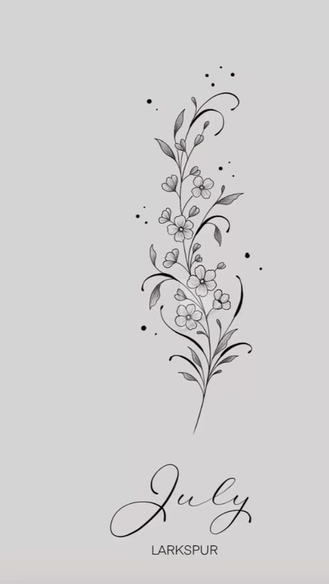 July Month Tattoo Ideas, July Birthday Tattoos For Women, July Birth Flower Tattoo Ideas, May And July Flower Tattoo, July Month Flower Tattoo, Delicate Birth Flower Tattoo, Birth Flower Tattoo July, Larkspur Birth Flower Tattoo, Larkspur Flower Tattoo Fine Line