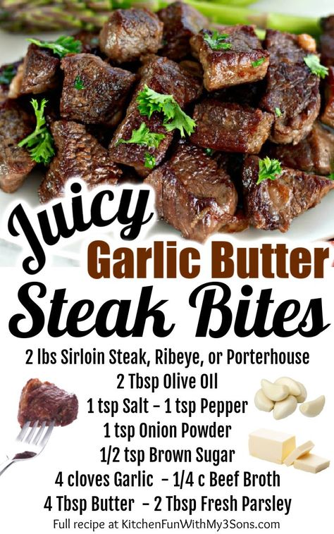 Garlic Butter Steak Bites, Butter Steak Bites, Steak Dinner Recipes, Steak Bites Recipe, Butter Steak, Sirloin Steak, Garlic Butter Steak, Steak Butter, Kitchen Fun