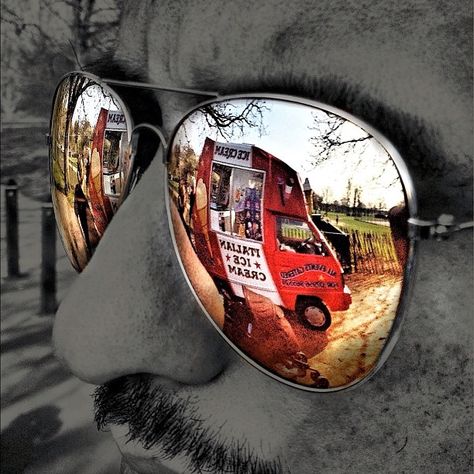 Great shot of an ice cream truck (Yum!) from the reflection of mirrored sunglasses Self Reflection Art, Alter Ego Photography, Sunglasses Reflection, Sunglasses Drawing, Sunglasses Mirror, Reflective Sunglasses, Instagram Popular, Reflection Painting, Reflection Art