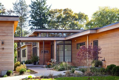 Modern Entry, 1950s House, Modern Renovation, Clerestory Windows, Modern Ranch, Home Design Ideas, Flat Roof, Ideas Pictures, Modern Landscaping