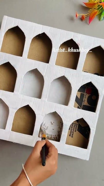 Diwali Decor With Cardboard, Diwali Decoration With Cardboard, Diy Diwali Decorations Cardboard, Diy Diwali Backdrop Ideas, Dipawali Decoration Craft, Diy Diwali Wall Decor, Diwali Decorations Lights Outdoor, Diwali Decor Diy Ideas, Background Decoration For Ganpati