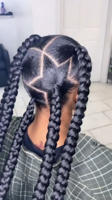 Hairstyles With Braiding Hair Weave, Jayda Wayda Braids With Heart, Jadawada Braids, Star Part Braids, Braided Hairstyles Two Braids, Two Braids With Weave In The Back, Braided Up Hairstyles, 4 Jumbo Braids, Four Braids Hairstyles