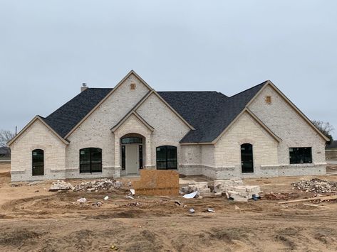 New Build Brick Exterior, White Brick And Stone Home Exterior, Brick And Stone House Exterior, Brick And Stone Exterior Combinations, Stone And Brick House Exterior, Acme Brick, Austin White, English Country Cottages, Stone Exterior Houses