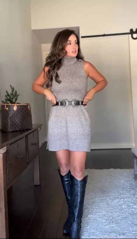 Cute fall outfit idea for women- Walmart turtleneck sleeveless dress with western belt and boots. Shop it all on the post. Elegant Vest Outfit, Sleeveless Turtleneck Dress Outfit, Dress With Western Belt, Turtle Neck Dress Outfit, Sweater Dress Outfit Fall, Dress Outfit Fall, Sweater Dress With Belt, Sleeveless Dress Outfit, Elegant Vest