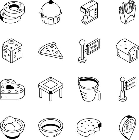 Food and Baking Tools Outline Isometric Icons Isometric Icons, Isometric Game Art, Isometric Game, Party Icon, Food Icon, Isometric Design, Brand Graphics, Baking Tools, Game Art