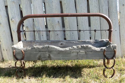 thisoldbarn_flowerbedplanter_WEB Metal Outdoor Bench, Wrought Iron Bed Frames, Bed Frame Bench, Old Bed Frames, Headboard Benches, Traditional Benches, Old Headboard, Wrought Iron Bed, Iron Bed Frame