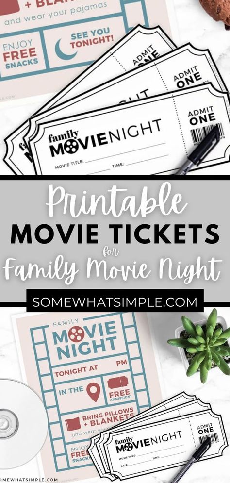 Free Movie Printables, Movie Night Box Ideas, Movie Night Fundraiser Ideas, Movie Day Ideas, Movie Ticket Printable Free, Movie Night Printables Free, Family Movie Night Ideas At Home, At Home Movie Night Kids, Disney Family Movie Night Ideas