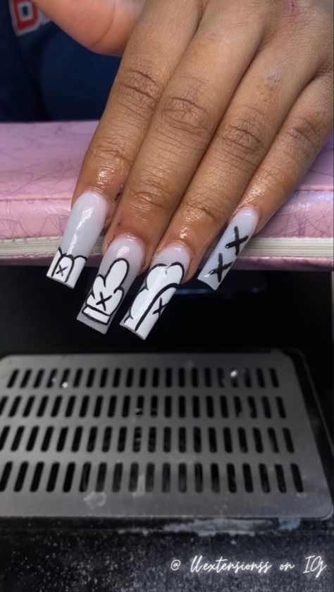 White Grey Nails Acrylic, Gel Nail Designs Birthday, X Face Nails, Bearbrick Nails, Nail Ideas Kaws, Medium Kaws Nails, Short Kaws Acrylic Nails, Black And White Kaws Nails, Kaws Nails Black