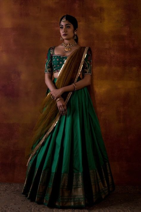 Kanchipuram Silk Lehenga, Kanchipuram Silk Half Saree, Green Half Saree South Indian, Thavani Styles, Brown Half Saree, Trendy Half Saree Designs, South Indian Half Saree, Half Saree Blouse Designs, Kanchipuram Lehenga