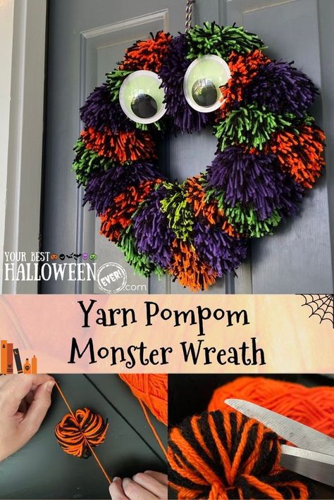 Check out this easy to follow Halloween DIY monster wreath project! Featuring handmade yarn pompoms with googly eyes, this Halloween craft is frightful fun for the whole family! Yarn Halloween, Halloween Yarn Crafts, Halloween Pom Pom Crafts, Yarn Crafts To Sell, Yarn Wreaths, Pom Pom Halloween, Pompom Halloween Craft, Halloween Pom Pom Wreath, Pompom Crafts