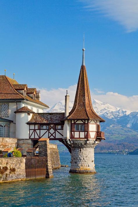 Oberhofen Castle at Lake Thunersee in swiss Alps, Switzerland stock photography Castle Switzerland, Medieval Village, Switzerland Travel, Beautiful Castles, Beautiful Architecture, Beautiful Buildings, Pretty Places, Oh The Places Youll Go, Places Around The World