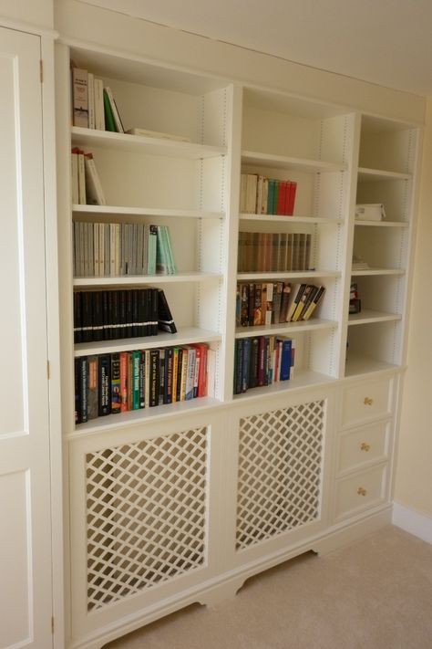 Designed, made and installed by Alcove Designs - London. Bespoke fitted furniture - built to last.  #Alcove #FittedFurniture #Radiator #RadiatorCover #Decor Radiator Cover Shelves, Bookshelves Over Radiator, Built In Around Radiator, Radiator Cover Built In, Radiator Cupboard, Radiator In Alcove, Fitted Living Room Furniture, Radiator Built In, Shelves Around Radiator