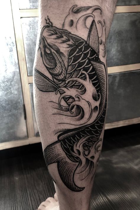 Koi fish Instagram: @mattiaprovezzatattoo #blackwork #blackworktattoo #blackworkwrers #blacktattooart #blacktattoo #mattiaprovezzatattoo Black Coy Fish Tattoo, Koi Fish Men Tattoo, Black And Gray Koi Fish Tattoo, Realism Fish Tattoo, Dark Koi Fish Tattoo, Tato Koi, Koi Fish Tattoo Men, Koi Fish Tattoo For Men, Black Koi Fish Tattoo