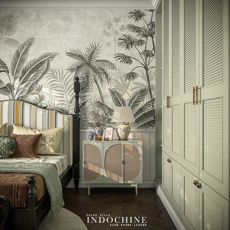 Paneling Behind Bed, Indochine Bathroom, Behind Bed Ideas, Villa Interiors, Indochine Interior, Tropical Interiors, Indochine Style, Chic Living Room Decor, Dining Interior