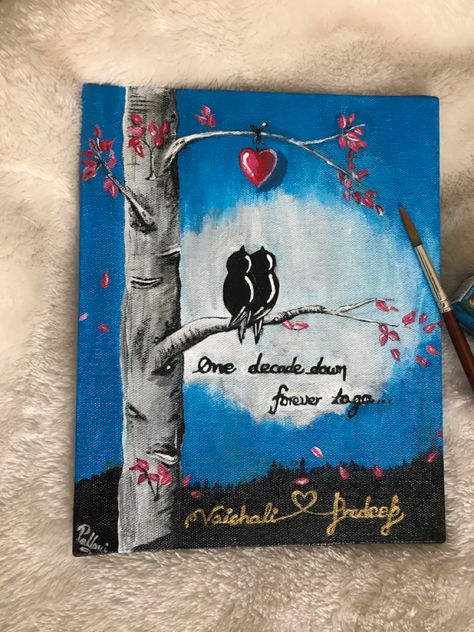 Acrylic painting on canvas Anniversary Painting Ideas For Parents, Anniversary Painting, Anniversary Canvas, 17th Anniversary, 10th Anniversary Gifts, Name Canvas, Parents Anniversary, Cute Canvas Paintings, Cute Canvas