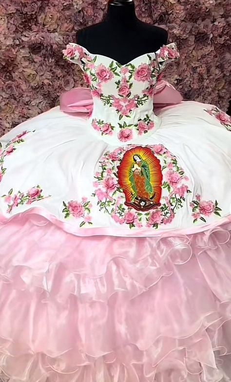 Sunflower Quince Dresses, Charro Pink Quinceanera Dresses, Pink Charro Quince Dress, Quinceñera Decoration Ideas Mexican, Rancho Quinceanera Theme Pink, Virgencita Quince Dress, Virgin Mary Quinceanera Dress, Red Quince Dresses Mexican, 15 Dresses Quinceanera Charro