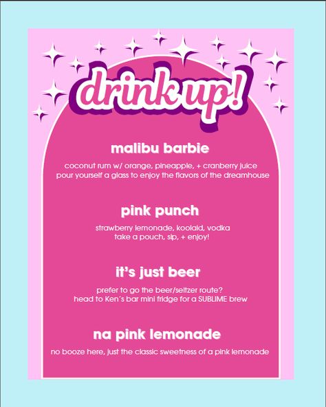 So much fun creating this cocktail and drink menu for our adult barbie party Barbie Birthday Ideas For Women, Barbie Drinks Party, Barbie Birthday Party Woman, 90s Barbie Party, Barbie Drink Station, Drunk Barbie Birthday Party, Barbie Party 30th, Barbie 21st Birthday Party Ideas, Barbie Themed Food And Drinks