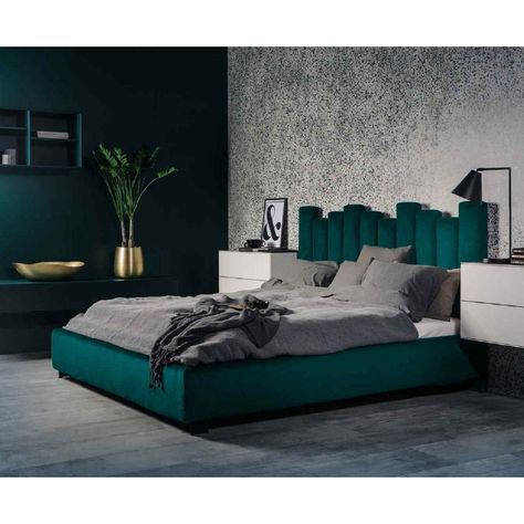 Design Ložnic, Velvet Bed Frame, Gorgeous Bed, Padded Headboard, Velvet Bed, Upholstered Bed Frame, Bedroom Green, Velvet Material, Lounge Furniture