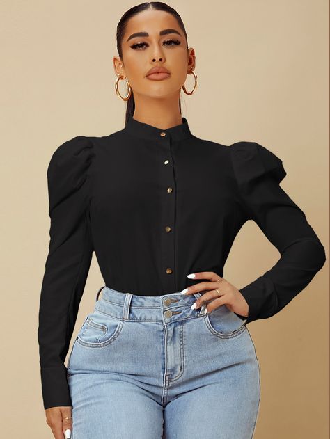 Solid Leg Of Mutton Sleeve Button Up Blouse City Fashion Photography, Mutton Sleeve, Leg Of Mutton Sleeve, Leg Sleeves, Plain Shirt, African Dresses For Women, Spring Women, Women Blouses, Plain Shirts