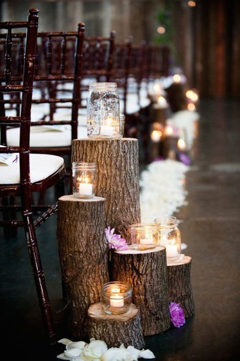 Layered Tree Stumps and Candles for Aisle Decor Deco Champetre, Wedding Ceremony Ideas, Tree Stumps, Wedding Aisle Decorations, Wedding Lanterns, Aisle Decor, Rustic Country Wedding, Tree Stump, Wedding Aisle