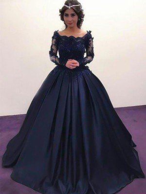 Midnight Blue Quinceanera Dresses, Blue Princess Gown, Train Applique, Gown For Prom, Long Sleeve Ball Gowns, Satin Ball Gown, Long Sleeve Prom, Chiffon Dress Long, Ball Gowns Evening