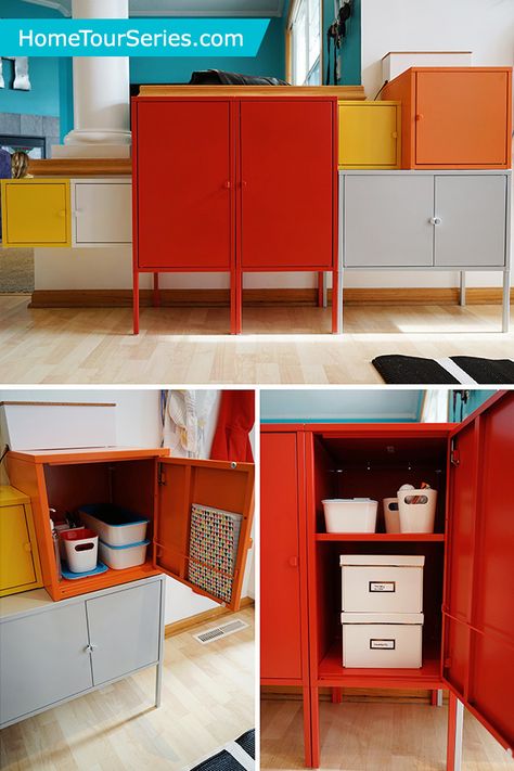 The IKEA LIXHULT cabinets are fun and colorful storage solutions in any space. The IKEA Home Tour Squad used these in their entryway makeover because they can be stacked in a variety of ways, customizing to your storage needs. Lixhult Ikea Ideas, Lixhult Ikea Hack, Ikea Lixhult, Ikea Home Tour, Ikea Vintage, Entryway Makeover, Red Cabinets, Living Room Transformation, Colorful Storage