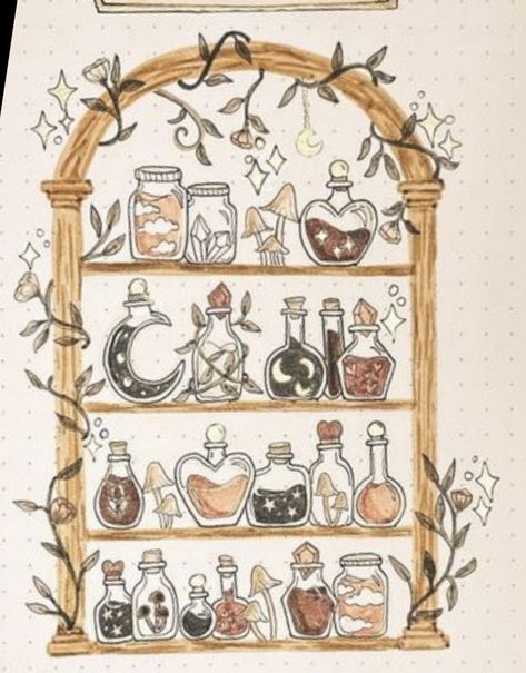 Witch Shelf Drawing, Apothecary Drawing, Shelf Doodle, Witchcraft Drawing, Cottagecore Drawing, Bujo Themes, Craft Drawing, Witchy Cottagecore, Year Journal