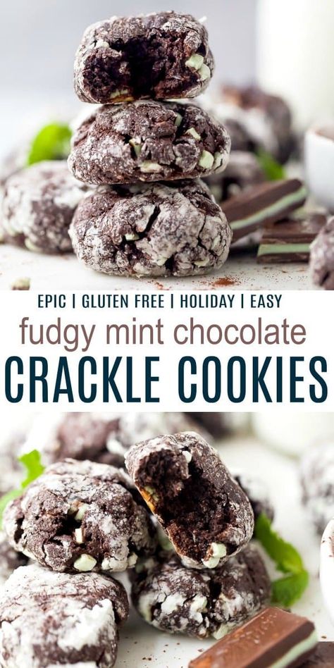 These Fudgy Mint Chocolate Crinkle Cookies are soft with a rich dark chocolate flavor and a hint of mint! They will satisfy all of your cookie cravings, are gluten free and make the best addition to your holiday baking! #crinklecookies #crackle #mintchocolate #joyfulhealthyeats #christmascookies #cookieexchange #glutenfreecookies #easycookies Andes Mint Chocolate Crinkle Cookies, Mint Chocolate Crinkle Cookies, Brownie Crackle Cookies, Chocolate Mint Crinkle Cookies, Gluten Free Mint Cookies, Mint Cookie Recipes, Mint Crinkle Cookies, Cookies Crinkle, Whip Cookies