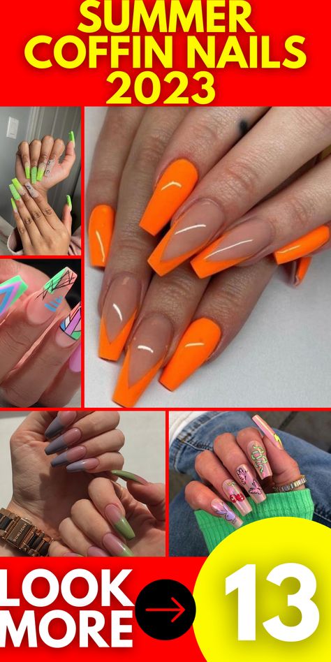 If you're looking for a trendy and effortless summer nail style, medium-length coffin nails are the way to go. These nails offer the perfect balance between elegance and practicality, making them ideal for everyday wear. Choose simple and sophisticated designs or explore the latest nail art trends to stay ahead of the fashion curve. Trending Acrylic Nails Orange, Nails 2023 Trends Medium Coffin, Trendy Summer Nails 2023 Coffin, Trending Summer Nails 2023 Coffin, Trending Coffin Acrylic Nails, Summer Nails 2023 Ideas, Latest Nails 2023, Summer Nail Ideas Coffin Medium, Long Nails 2023 Trends