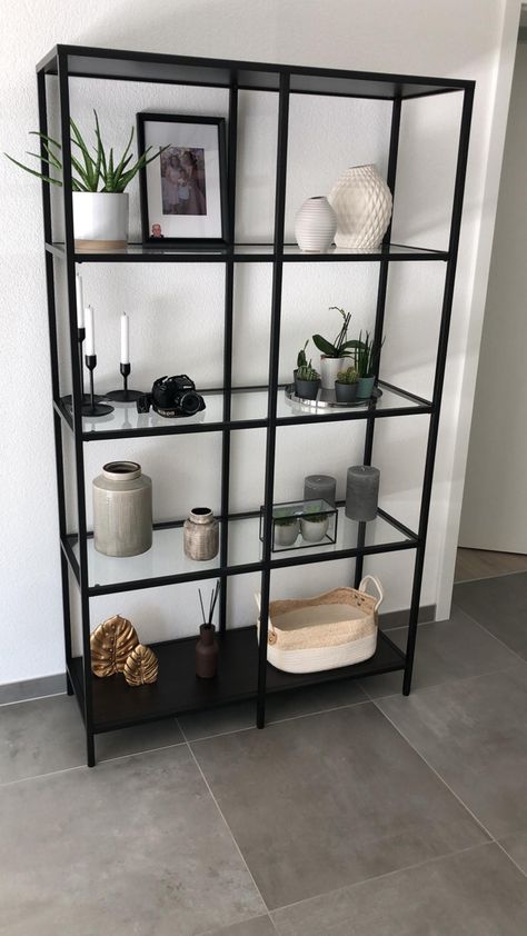 Console Shelf Decor, Black Glass Shelf Decor, Black Shelf Aesthetic, Black Metal Shelves Living Room, Black Plant Shelves, Ikea Vittsjo Shelves Plants, 5 Tier Bookshelf, Bookshelf With Storage, Frame For Living Room