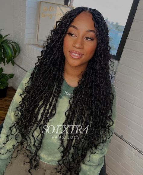 Soft Locs: 45 Gorgeous Inspos to Elevate Your Style Game Faux Locs With Straight Hair, Small Faux Locs With Curly Ends, Faux Locs Goddess Braids, Goddess Locs With Human Hair, Goddess Faux Locs With Curls, Messy Boho Locs Black Women, Soft Boho Locs, Faux Locs With Curls At The End, Small Faux Locs Black Women