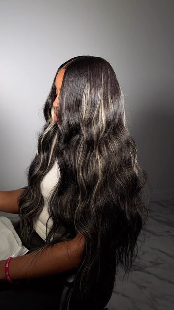 Long Weave Black Women, Middle Part Quick Weave With Blonde Highlights, Blonde Balayage Sew In Weave, Long Jet Black Hair Black Women, Middle Part Wig With Highlights, Cute Sew Ins With Color, Black And White Quick Weave, Faux Highlights Black Hair, Middle Part Beach Waves