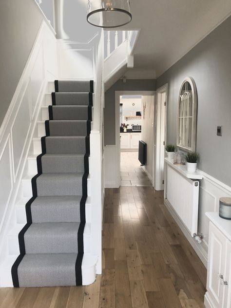 Entrance And Stairs Ideas, Gray And White Hallway Ideas, Hallway Flooring Ideas Herringbone, Grey White Hallway Ideas, Grey Runner Stairs, Semi Detached Hallway Ideas, Stairs Design With Carpet, Hallway With Stairs Entryway, Small Hallway With Stairs