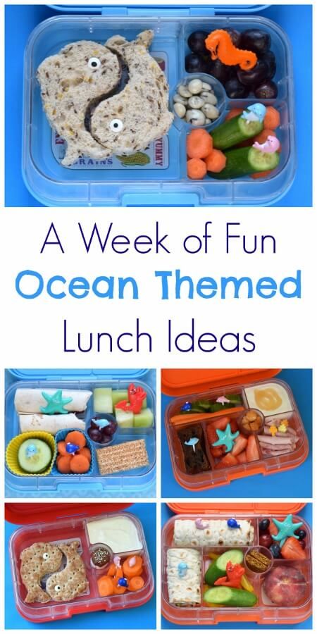 A week of quick and easy fun lunch ideas for kids - totally doable cute and healthy bento lunches with an ocean theme - Eats Amazing UK Themed Lunch Ideas, Fun Lunch Ideas For Kids, Fun Lunch Ideas, Themed Lunches, Healthy Bento Lunches, Healthy Bento, Fun Kid Lunch, Bento Box Lunch For Kids, Preschool Lunch