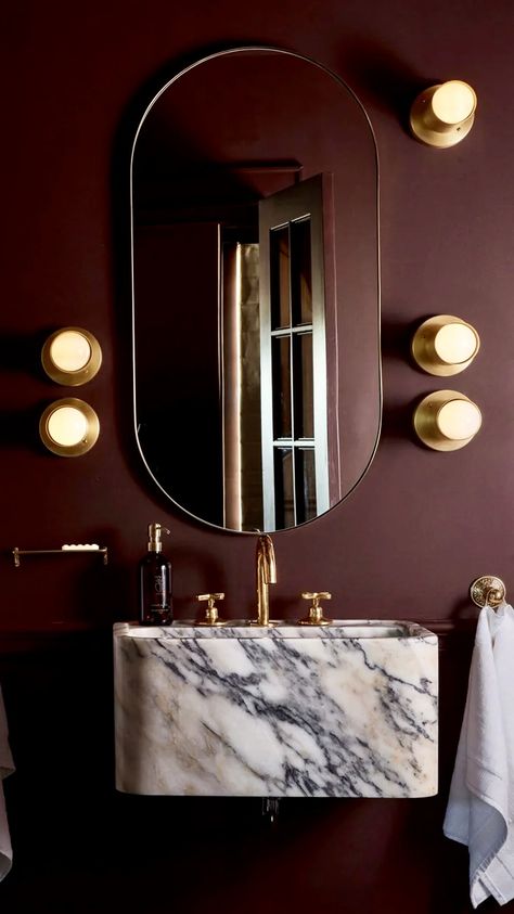 Purple Moody Bathroom, Dark Red Powder Room, Dark Purple Powder Room, Maroon Powder Room, Moody Red Bathroom, Burgundy Powder Room, Aubergine Bathroom, Bathroom Burgundy, Burgundy Vanity