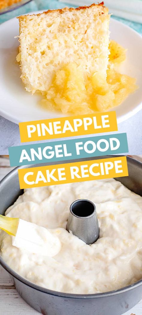 Pineapple Angel Food Cake - This 2 ingredient angel food cake recipe is so easy to make and loaded with sweet pineapple flavor in every bite. For an extra pop of flavor, serve this cake with a spoonful of pineapple sauce. #cookiedoughandovenmitt #desserts #cakes #pineapple Angel Food Cake Mix And Pineapple, Angel Pineapple Cake, Pineapple Sauce For Cake, Angelfood Pineapple Cake, Flavored Angel Food Cake, Pineapple Deserts, Pineapple Angel Food Cake Recipe, Angel Food Cake Recipes, Pineapple Angel Food Cake