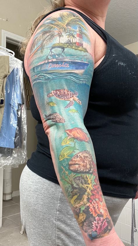 DC Studio Ink in Tampa. Tattoo Artist is Julia. Aquarium Tattoo Sleeve, Aquatic Tattoo Sleeve For Women, Aquatic Sleeve Tattoos For Women, Marine Biology Tattoo Sleeve, Underwater Realism Tattoo, Tattoo Artists, Tattoos