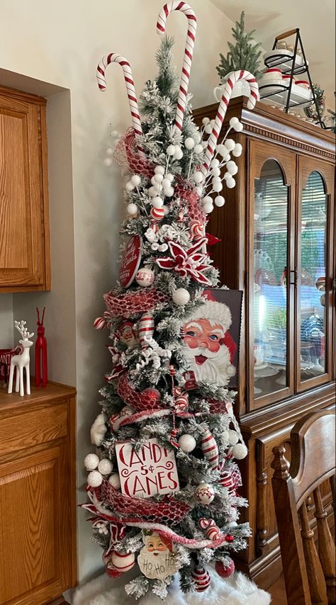 Santa Clause Tree, Pencil Christmas Tree Decorated Ideas, Pencil Tree Decor, Pencil Tree Decorating Ideas, Christmas Pencil Tree, Peppermint Christmas Tree, Peppermint Decor, Country Christmas Tree, Louisiana Christmas