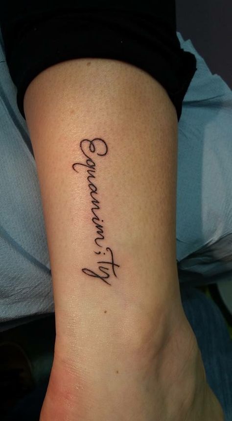 #ankletattoo #semicolontattoo #equanimity #verticaltattoo #tattooplacement Equanimity Tattoo, Free Tattoo Fonts, Money Rose Tattoo, Chicano Tattoos Lettering, Vertical Tattoo, Meaningful Symbol Tattoos, Tattoo Dream, Tattoo Font Styles, Candle Wraps