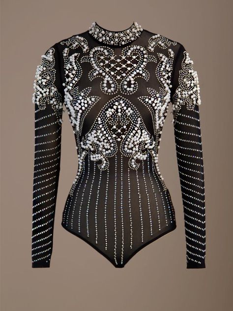 Embroidery Pearls, Embellished Bodysuit, Embellished Clothing, Sassy Outfit, Heavy Embroidery, Stage Costume, Mesh Bodysuit, Glam Looks, Simple Trendy Outfits