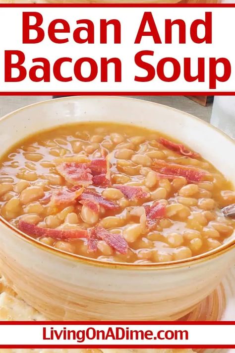 This bean and bacon soup recipe makes a hearty bean soup perfect for hungry families! It makes a great main dish, especially on weeknights when you don't feel like cooking. Serve with cornbread and biscuits for a perfect meal. It's easy to make with about 5 minutes prep time and then simmer. Cheese Soup Recipe Easy, Senate Bean Soup, Bacon Soup Recipes, Easy Homemade Soups, Bean And Bacon Soup, Potato Bacon Soup, Turkey Soup Recipe, With Cornbread, Cheese Burger Soup Recipes