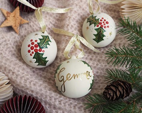 Bauble Painting, Ceramic Baubles, Earthy Pink, Ornament Painting, Hand Painted Bauble, Dnd Terrain, Blue Baubles, White Baubles, Personalised Christmas Baubles