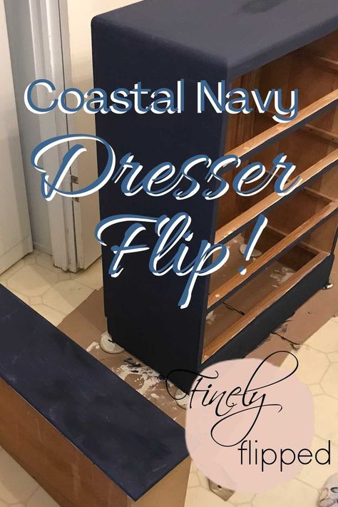 Progress picture of vintage dresser with drawers on floor painted navy blue Navy Chalk Paint Furniture, Navy Blue Painted Furniture, Navy Blue Dressers Painted, Wooden Dresser Makeover, Paint Vintage Furniture, Navy Painted Furniture, Chalk Paint Furniture Dresser, Nautical Dresser, Dresser Update