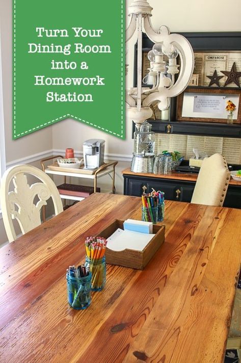 How to turn a dining room into a homework station your kids can't wait to use! | Pretty Handy Girl Dining Room Homework Area, Dining Room Turned Homework Room, Homework Station In Kitchen, Dining Room Homework Station, Turn Dining Room Into Playroom, Homeschool Dining Room Organization, Dining Room Homeschool Space, Multipurpose Dining Room, Wfh Mom