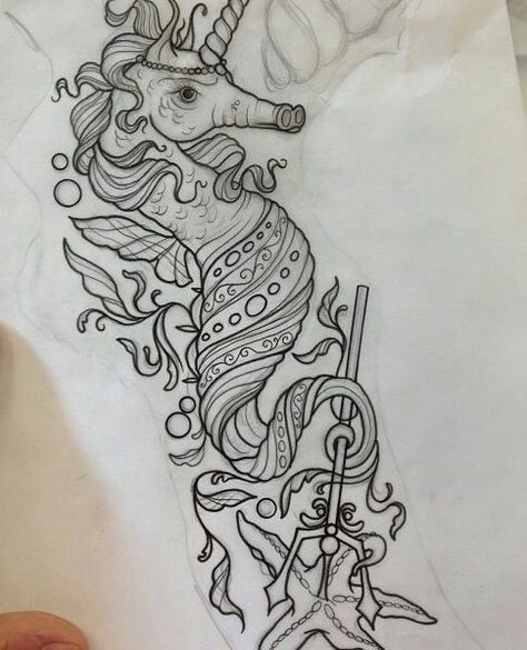 Seahorse Butterfly Sleeve Tattoo, Ocean Sleeve Tattoos, Seahorse Tattoo, Kunst Tattoos, Unicorn Tattoos, Theme Tattoo, Mermaid Tattoo, Mermaid Tattoos, Best Sleeve Tattoos