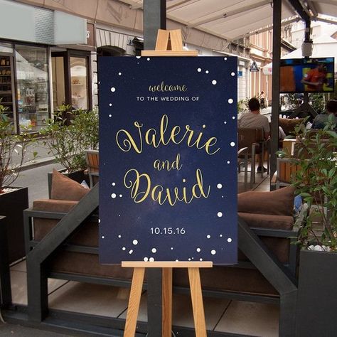 Reception Poster, Wedding Rehearsal Dinner Decorations, Wedding Program Sign, Rehearsal Dinner Decorations, Navy Blue And Gold, Celestial Wedding, Bridal Shower Welcome Sign, Welcome Poster, Bridal Shower Signs