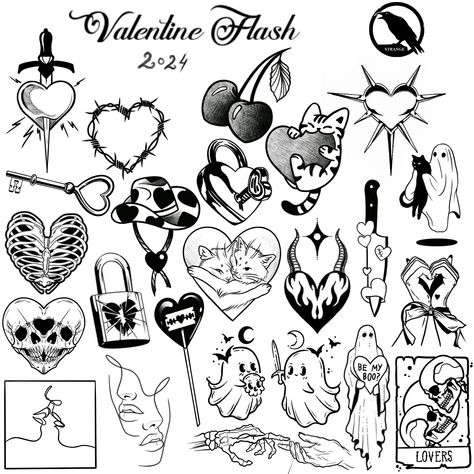 Simple Goth Tattoos For Women, Valentine Flash Tattoo, Small Goth Tattoo, Small Edgy Tattoos, Dark Romance Tattoo, Simple Goth Tattoos, Goth Tattoo Flash Sheet, 90s Flash Tattoo, Tattoo Sleeve Filler